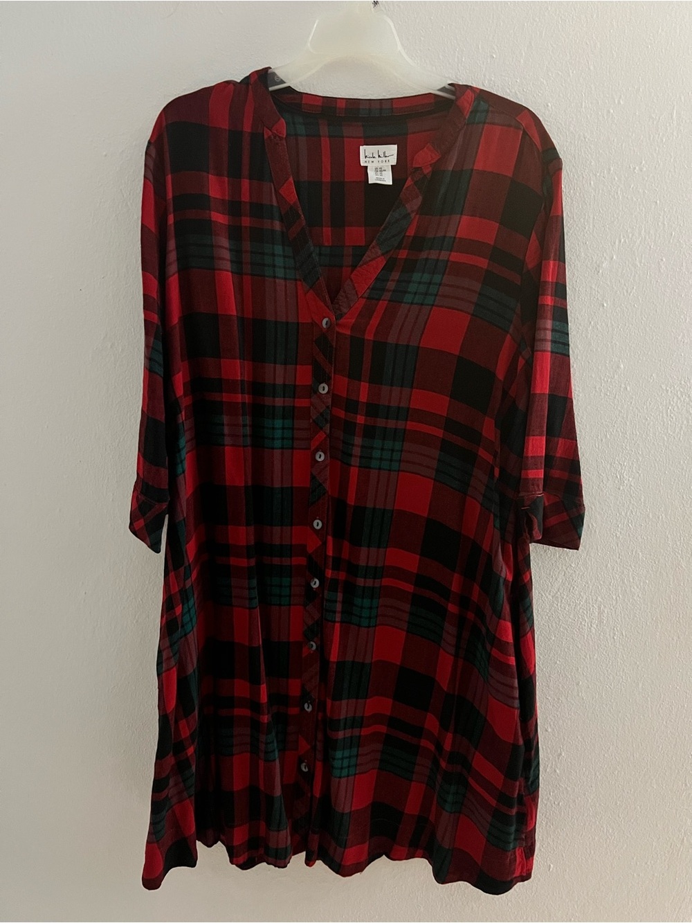 Nicole Miller oversized Red Black Plaid Button-Front Tunic Top